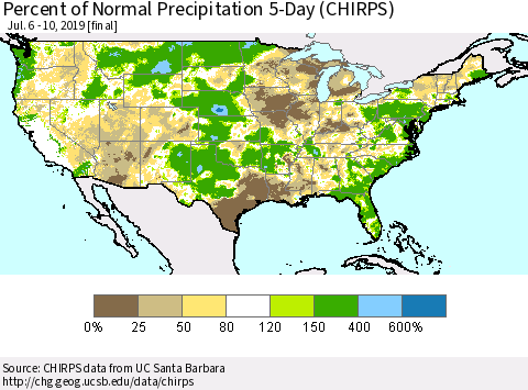 United States Percent of Normal Precipitation 5-Day (CHIRPS) Thematic Map For 7/6/2019 - 7/10/2019