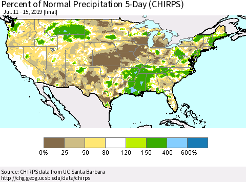 United States Percent of Normal Precipitation 5-Day (CHIRPS) Thematic Map For 7/11/2019 - 7/15/2019