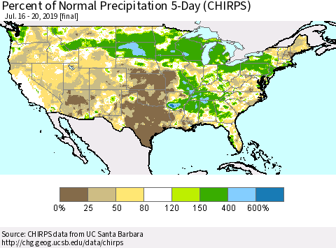 United States Percent of Normal Precipitation 5-Day (CHIRPS) Thematic Map For 7/16/2019 - 7/20/2019