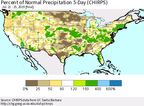 United States Percent of Normal Precipitation 5-Day (CHIRPS) Thematic Map For 7/21/2019 - 7/25/2019