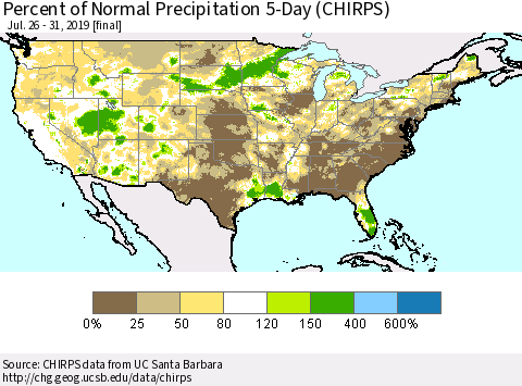 United States Percent of Normal Precipitation 5-Day (CHIRPS) Thematic Map For 7/26/2019 - 7/31/2019