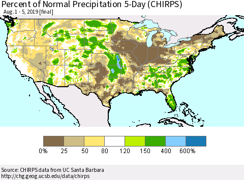 United States Percent of Normal Precipitation 5-Day (CHIRPS) Thematic Map For 8/1/2019 - 8/5/2019