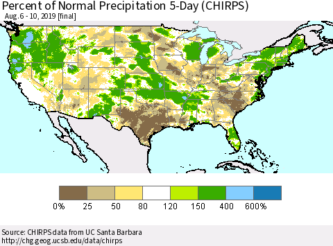 United States Percent of Normal Precipitation 5-Day (CHIRPS) Thematic Map For 8/6/2019 - 8/10/2019