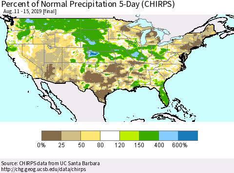 United States Percent of Normal Precipitation 5-Day (CHIRPS) Thematic Map For 8/11/2019 - 8/15/2019