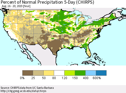 United States Percent of Normal Precipitation 5-Day (CHIRPS) Thematic Map For 8/16/2019 - 8/20/2019