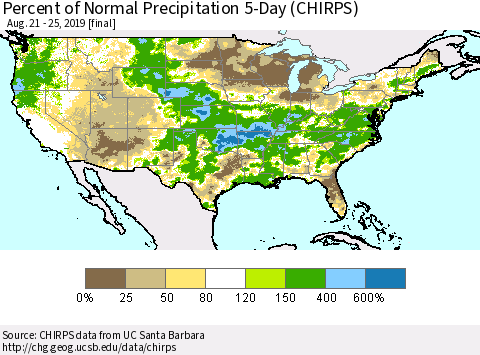 United States Percent of Normal Precipitation 5-Day (CHIRPS) Thematic Map For 8/21/2019 - 8/25/2019