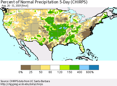 United States Percent of Normal Precipitation 5-Day (CHIRPS) Thematic Map For 8/26/2019 - 8/31/2019
