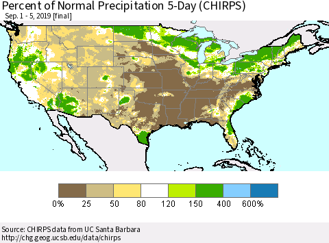 United States Percent of Normal Precipitation 5-Day (CHIRPS) Thematic Map For 9/1/2019 - 9/5/2019