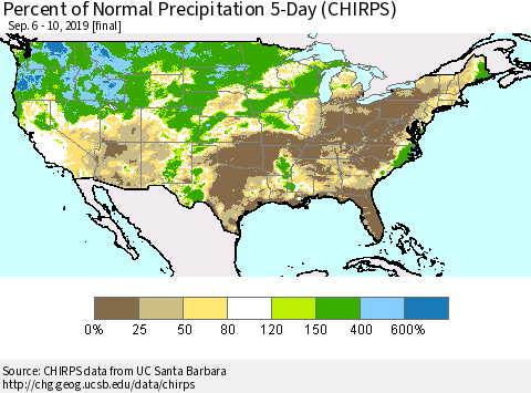 United States Percent of Normal Precipitation 5-Day (CHIRPS) Thematic Map For 9/6/2019 - 9/10/2019