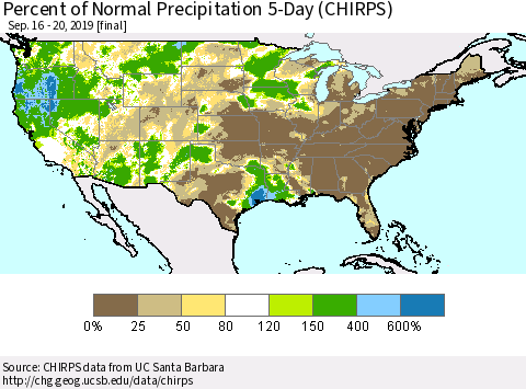 United States Percent of Normal Precipitation 5-Day (CHIRPS) Thematic Map For 9/16/2019 - 9/20/2019