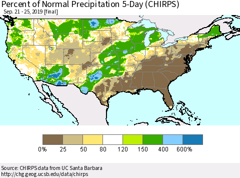 United States Percent of Normal Precipitation 5-Day (CHIRPS) Thematic Map For 9/21/2019 - 9/25/2019