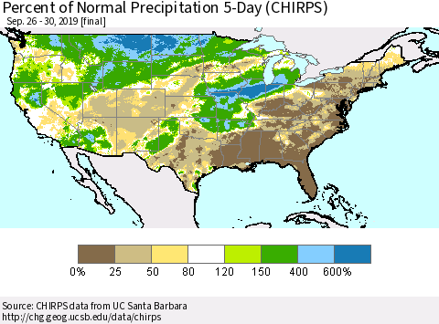 United States Percent of Normal Precipitation 5-Day (CHIRPS) Thematic Map For 9/26/2019 - 9/30/2019