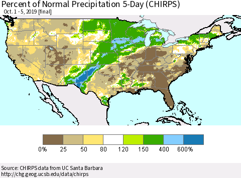 United States Percent of Normal Precipitation 5-Day (CHIRPS) Thematic Map For 10/1/2019 - 10/5/2019
