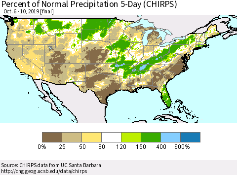 United States Percent of Normal Precipitation 5-Day (CHIRPS) Thematic Map For 10/6/2019 - 10/10/2019