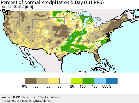 United States Percent of Normal Precipitation 5-Day (CHIRPS) Thematic Map For 10/11/2019 - 10/15/2019