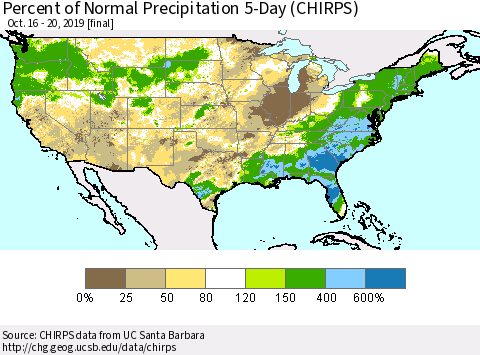 United States Percent of Normal Precipitation 5-Day (CHIRPS) Thematic Map For 10/16/2019 - 10/20/2019