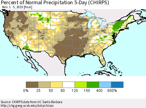 United States Percent of Normal Precipitation 5-Day (CHIRPS) Thematic Map For 11/1/2019 - 11/5/2019
