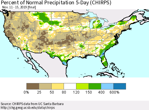 United States Percent of Normal Precipitation 5-Day (CHIRPS) Thematic Map For 11/11/2019 - 11/15/2019