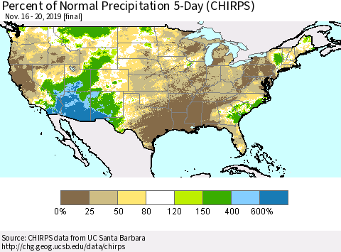 United States Percent of Normal Precipitation 5-Day (CHIRPS) Thematic Map For 11/16/2019 - 11/20/2019
