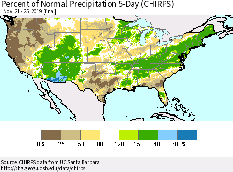 United States Percent of Normal Precipitation 5-Day (CHIRPS) Thematic Map For 11/21/2019 - 11/25/2019