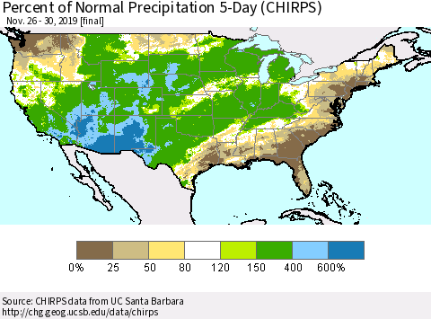 United States Percent of Normal Precipitation 5-Day (CHIRPS) Thematic Map For 11/26/2019 - 11/30/2019