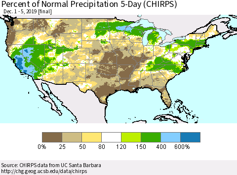 United States Percent of Normal Precipitation 5-Day (CHIRPS) Thematic Map For 12/1/2019 - 12/5/2019