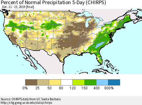 United States Percent of Normal Precipitation 5-Day (CHIRPS) Thematic Map For 12/11/2019 - 12/15/2019