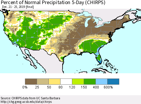 United States Percent of Normal Precipitation 5-Day (CHIRPS) Thematic Map For 12/21/2019 - 12/25/2019