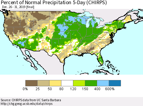 United States Percent of Normal Precipitation 5-Day (CHIRPS) Thematic Map For 12/26/2019 - 12/31/2019