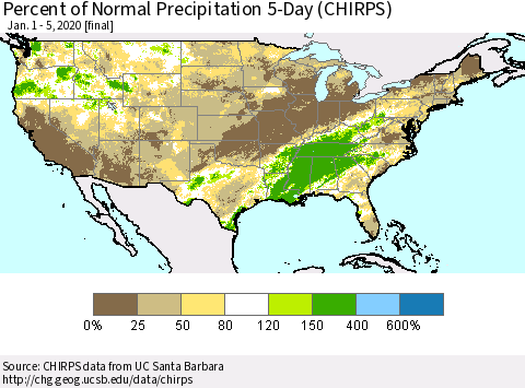 United States Percent of Normal Precipitation 5-Day (CHIRPS) Thematic Map For 1/1/2020 - 1/5/2020