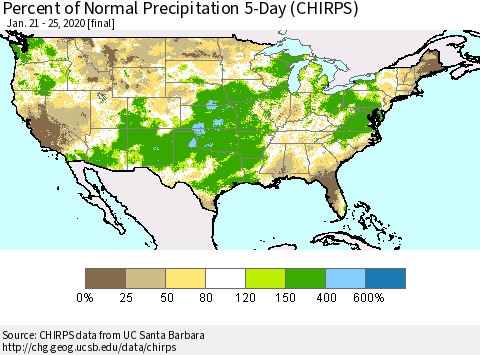 United States Percent of Normal Precipitation 5-Day (CHIRPS) Thematic Map For 1/21/2020 - 1/25/2020