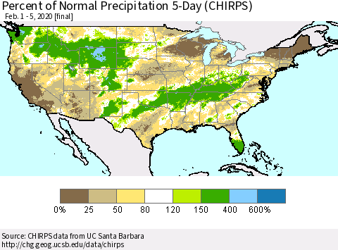 United States Percent of Normal Precipitation 5-Day (CHIRPS) Thematic Map For 2/1/2020 - 2/5/2020