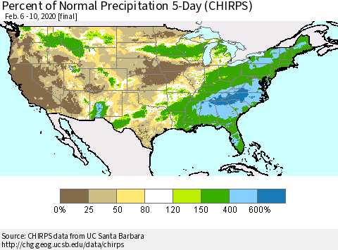 United States Percent of Normal Precipitation 5-Day (CHIRPS) Thematic Map For 2/6/2020 - 2/10/2020