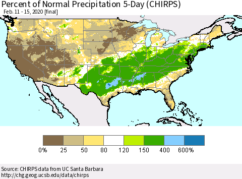 United States Percent of Normal Precipitation 5-Day (CHIRPS) Thematic Map For 2/11/2020 - 2/15/2020
