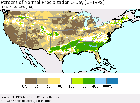 United States Percent of Normal Precipitation 5-Day (CHIRPS) Thematic Map For 2/16/2020 - 2/20/2020