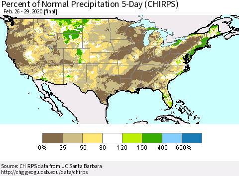 United States Percent of Normal Precipitation 5-Day (CHIRPS) Thematic Map For 2/26/2020 - 2/29/2020