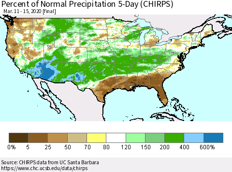United States Percent of Normal Precipitation 5-Day (CHIRPS) Thematic Map For 3/11/2020 - 3/15/2020