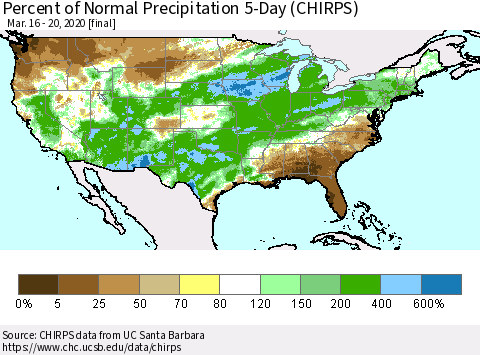 United States Percent of Normal Precipitation 5-Day (CHIRPS) Thematic Map For 3/16/2020 - 3/20/2020