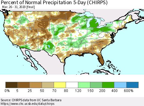 United States Percent of Normal Precipitation 5-Day (CHIRPS) Thematic Map For 3/26/2020 - 3/31/2020