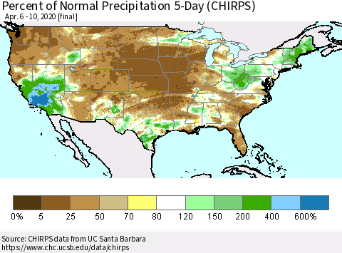 United States Percent of Normal Precipitation 5-Day (CHIRPS) Thematic Map For 4/6/2020 - 4/10/2020