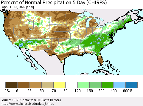 United States Percent of Normal Precipitation 5-Day (CHIRPS) Thematic Map For 4/11/2020 - 4/15/2020