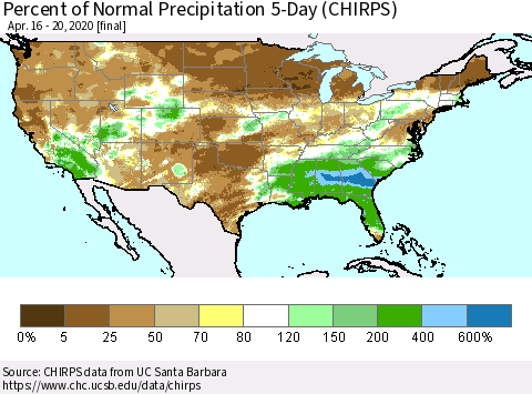 United States Percent of Normal Precipitation 5-Day (CHIRPS) Thematic Map For 4/16/2020 - 4/20/2020