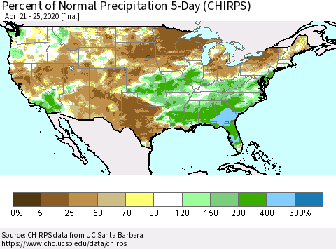 United States Percent of Normal Precipitation 5-Day (CHIRPS) Thematic Map For 4/21/2020 - 4/25/2020