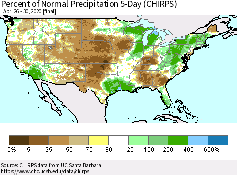 United States Percent of Normal Precipitation 5-Day (CHIRPS) Thematic Map For 4/26/2020 - 4/30/2020