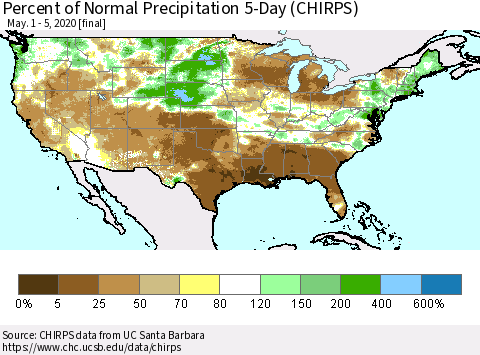 United States Percent of Normal Precipitation 5-Day (CHIRPS) Thematic Map For 5/1/2020 - 5/5/2020