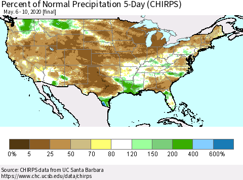 United States Percent of Normal Precipitation 5-Day (CHIRPS) Thematic Map For 5/6/2020 - 5/10/2020