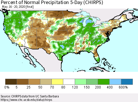 United States Percent of Normal Precipitation 5-Day (CHIRPS) Thematic Map For 5/16/2020 - 5/20/2020