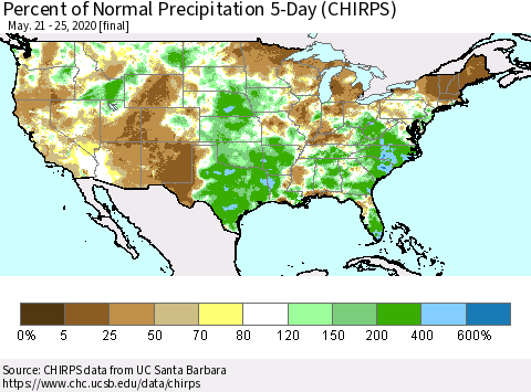 United States Percent of Normal Precipitation 5-Day (CHIRPS) Thematic Map For 5/21/2020 - 5/25/2020