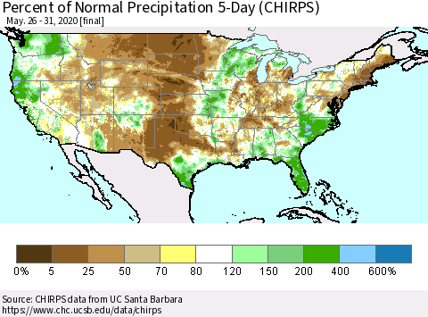 United States Percent of Normal Precipitation 5-Day (CHIRPS) Thematic Map For 5/26/2020 - 5/31/2020