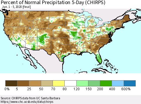 United States Percent of Normal Precipitation 5-Day (CHIRPS) Thematic Map For 6/1/2020 - 6/5/2020